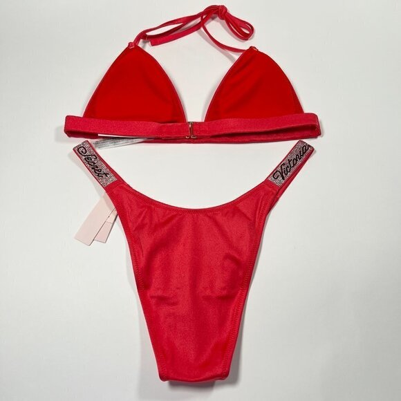 Victoria Secret Small S Shine Strap Triangle Bikini Top Bottom Set LOGO Pink - Picture 3 of 14